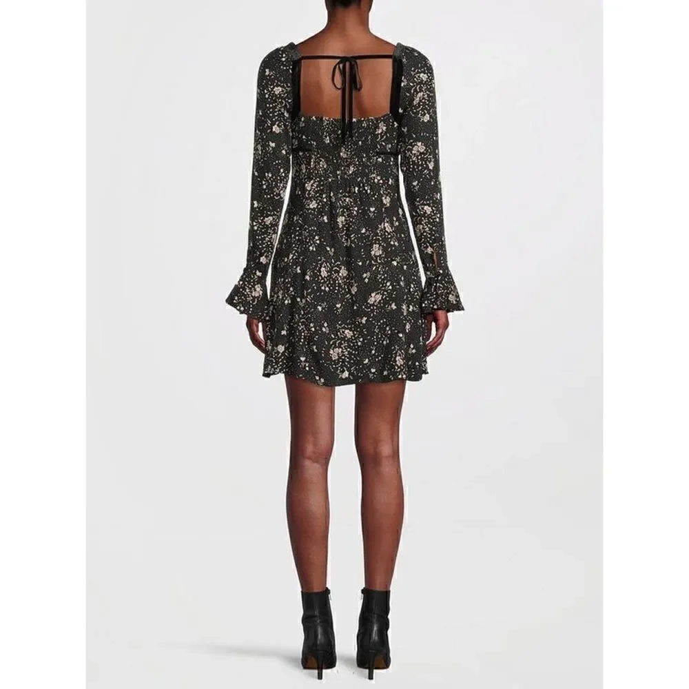 NWT Free People Tess Floral Print Long Sleeve Mini Dress in Black Combo, Size XS